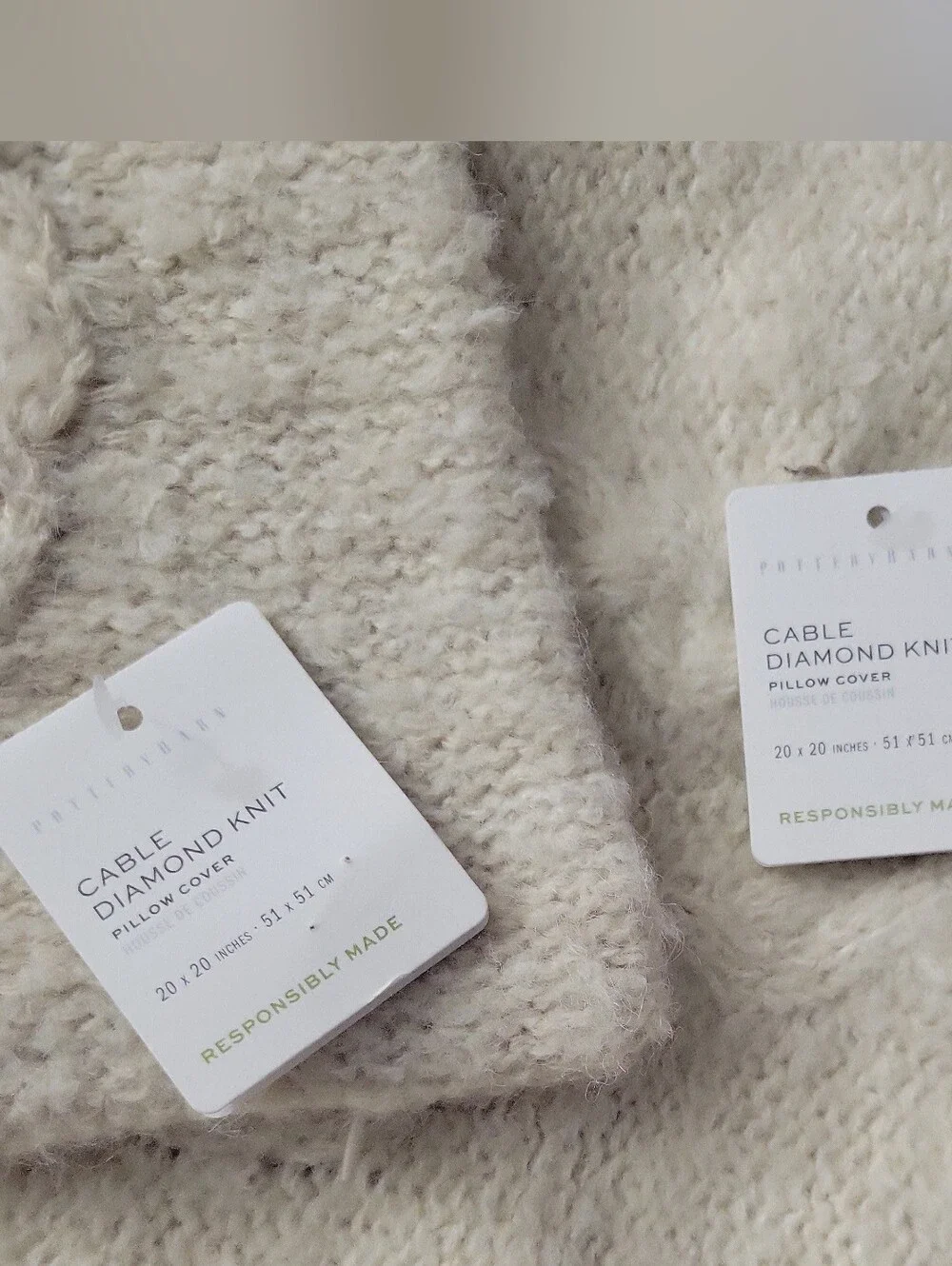 NWT POTTERY BARN DIAMOND CABLE KNIT PILLOW COVER SET OF 2  Square 20